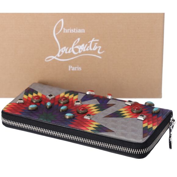 Christian Louboutin Panettone Long Wallet Gray Red Multi Leather Beaded - Picture 3 of 7